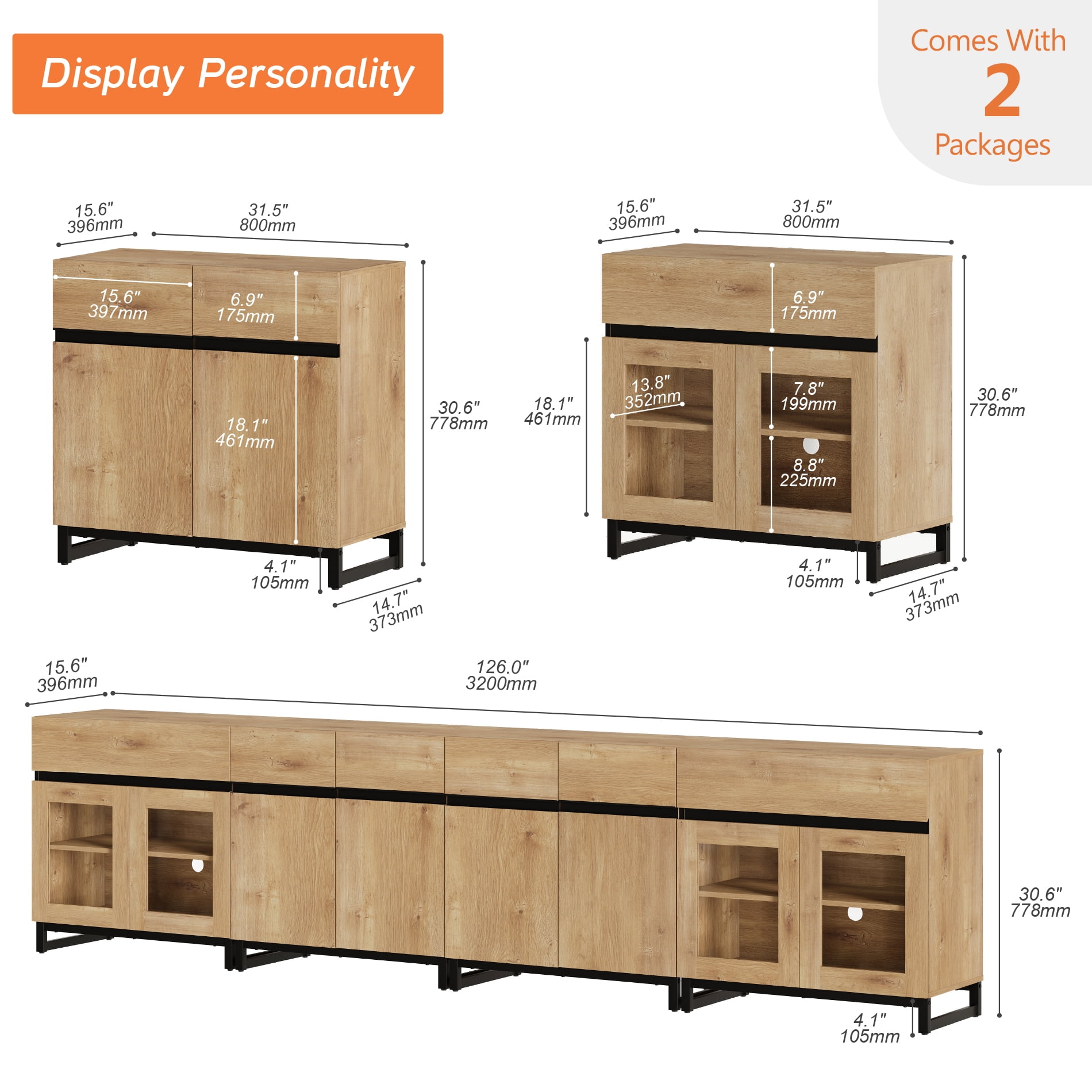 4 In 1 Sideboard Buffet Cabinets With Glass Doors And 2 Drawers, Modern Sideboard Credenza With Adjustable Shelf And Metal Base, Coffee Bar Cabinet Storage Cabinet,Oak