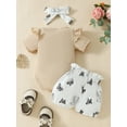 thumbnail image 3 of Infant Baby Girls Summer Shorts Sets, Flying Sleeve Letter Elephant Print Romper Lantern Shorts Headband, 3 of 9