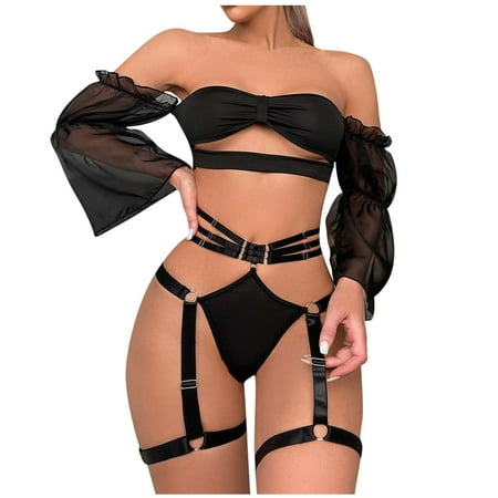 

Womens Lingerie Underwear Ladies Fashion Hollow Out Ribbon Bundled Style Puff Sleeves Thong Belt Suit Fashion Hollow Webbing Belt Set Black M