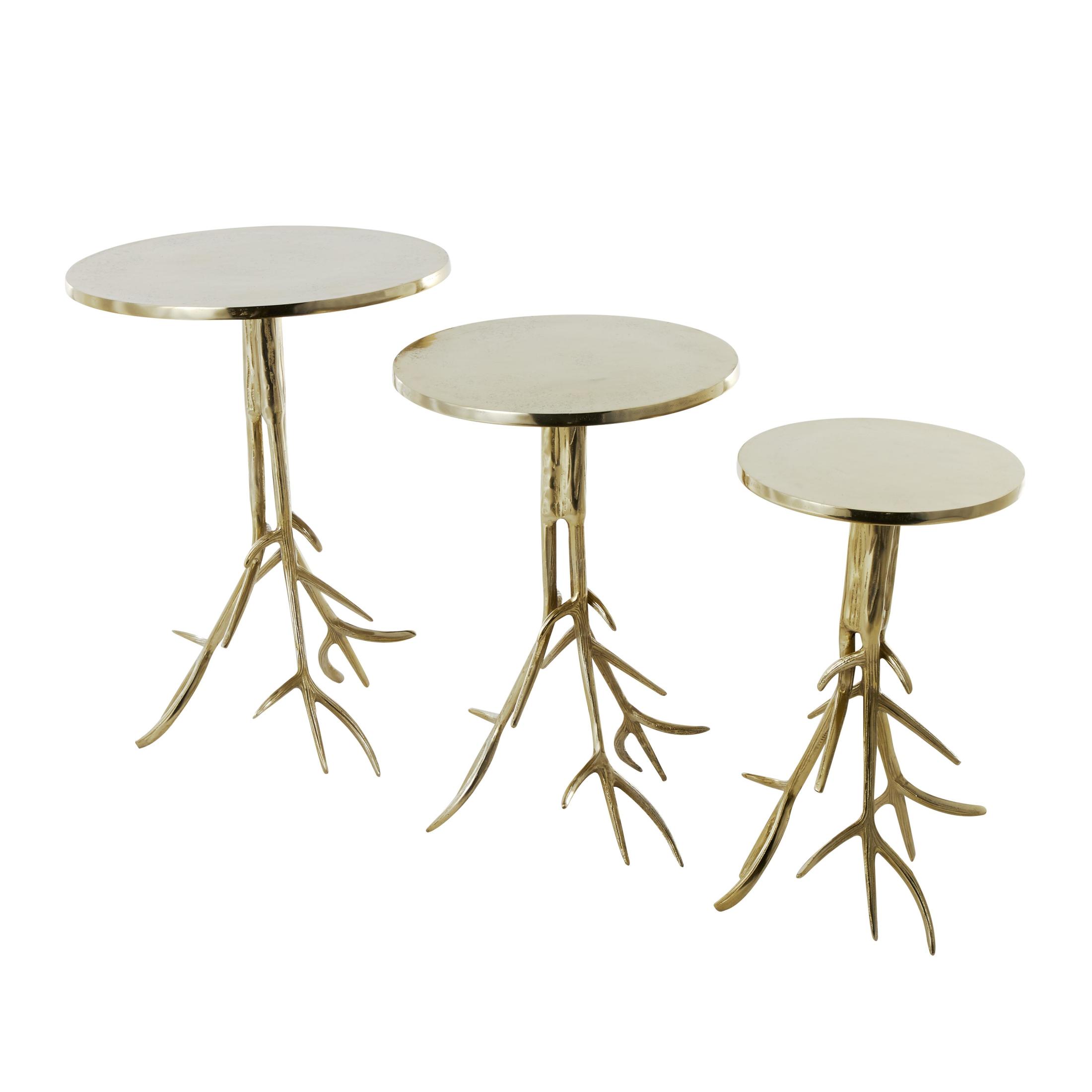 DecMode 15" x 22" Gold Aluminum Metal Tree Accent Table with Textured Tree Branch Legs, 3-Pieces