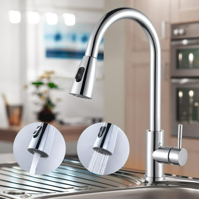 Kitchen Tap Extendible High Pressure Kitchen Tap 360° Swivelling Stainless Steel Mixer Tap Kitchen with Ceramic Cartridge Leak-Proof 2 Jet Types Chrome