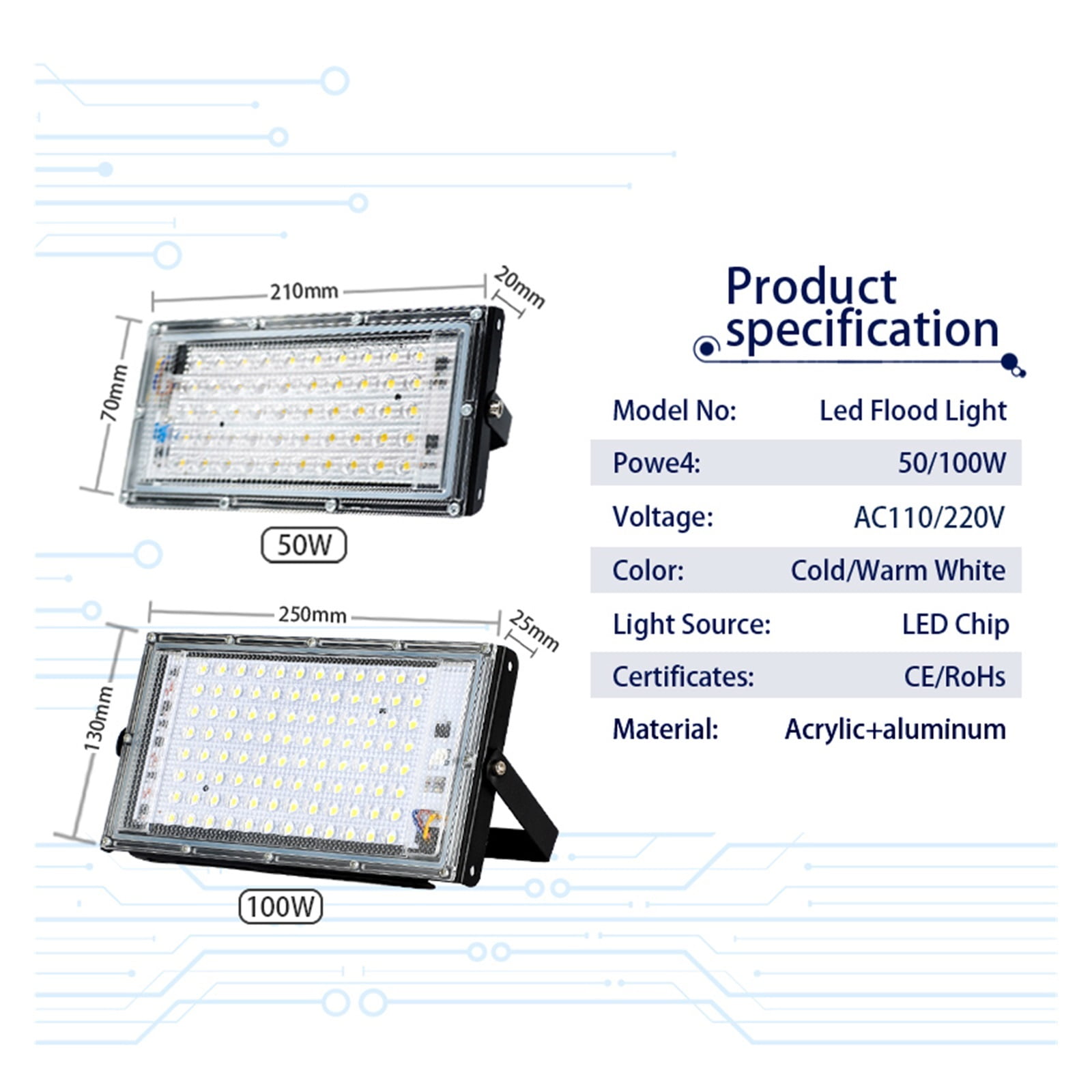 50W 100W Waterproof IP65 LED Flood Light AC Spotlight Outdoor Garden Lighting Led Reflector Cast Light Floodlights ,Multifunctional Lighting