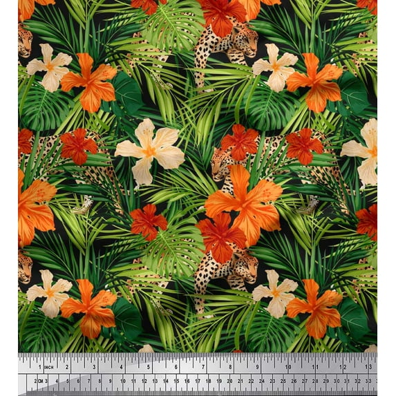 Soimoi Rayon Crepe Fabric Floral & Leaves Tropical Print Sewing Fabric Yard 46 Inch Wide