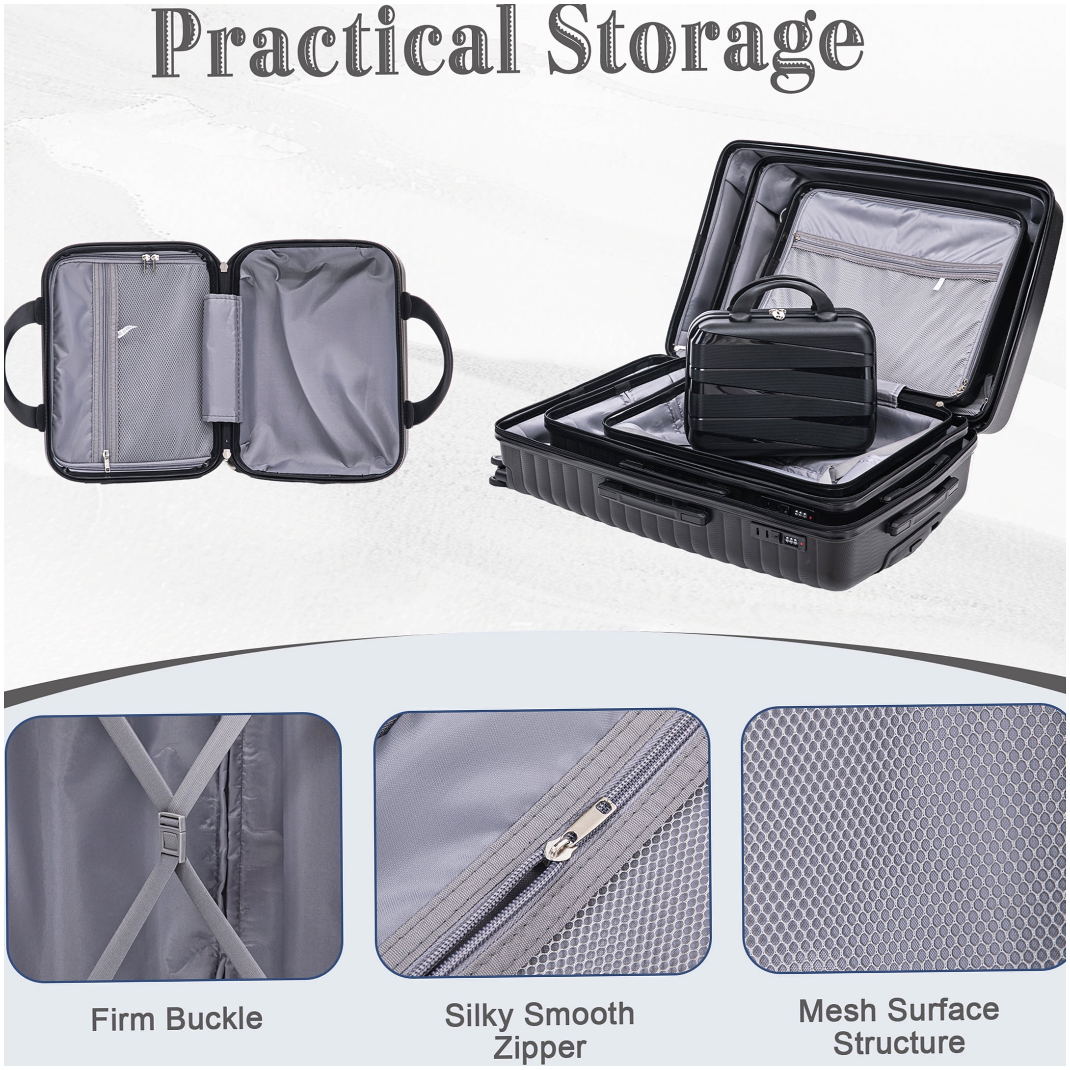 MANGIJOY Polypropylene Spinner Luggage 4-Piece Set, Black Carry-On and Checked Suitcases with Combination Lock and Silent Wheels