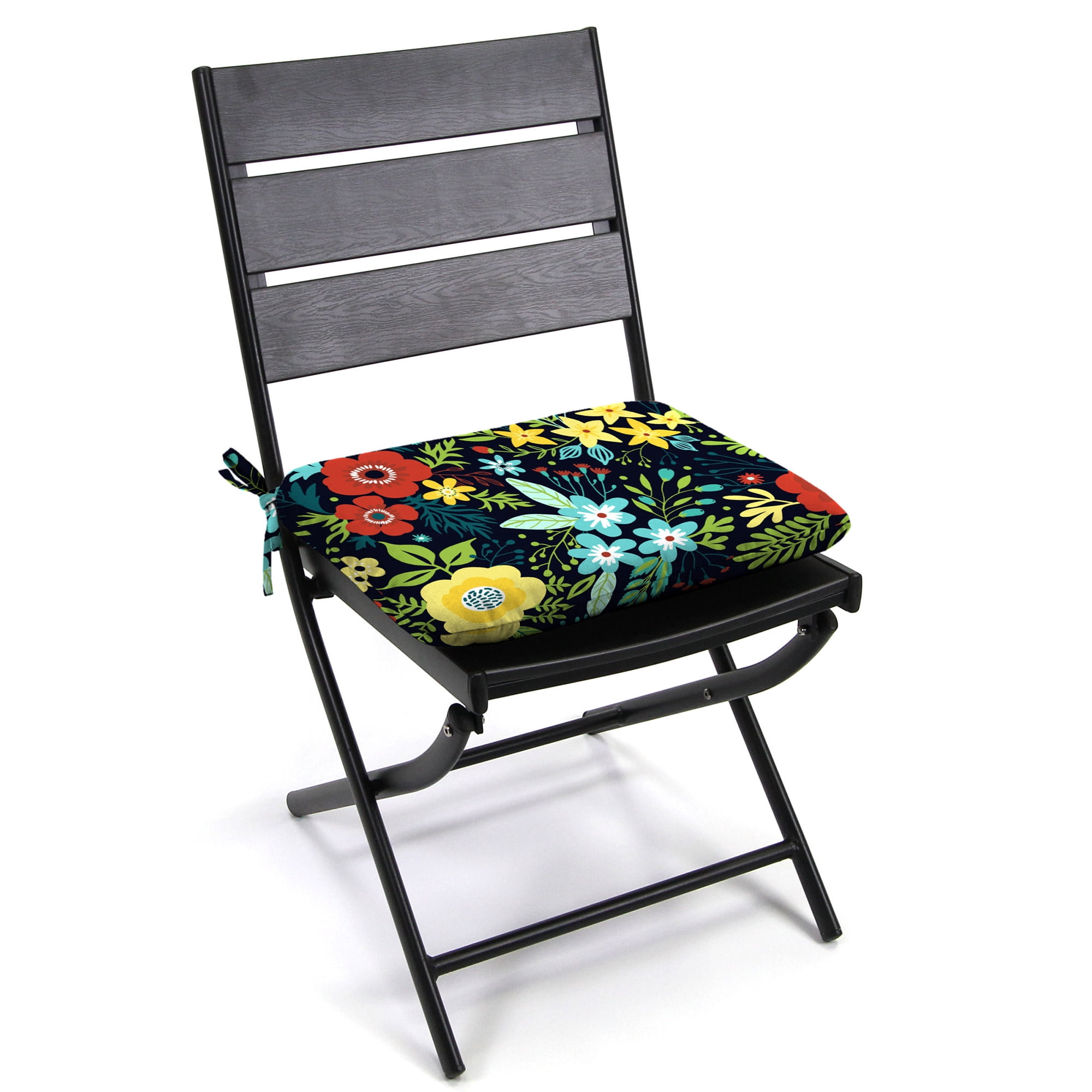 Jordan Manufacturing 16" x 16" Black Floral Square Outdoor Chair Pad Seat Cushion with Ties