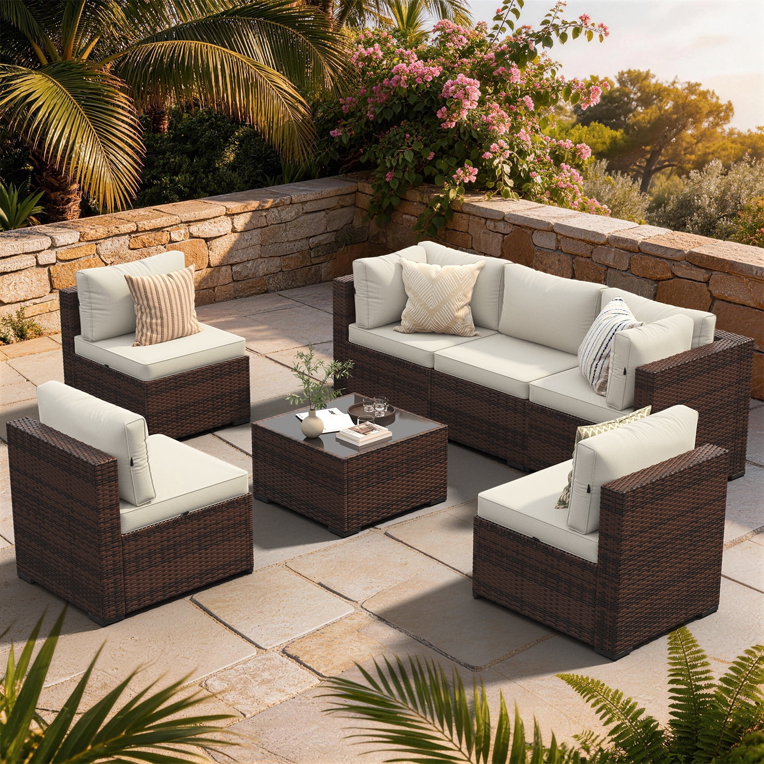 Clouddwell 7 Piece Outdoor Patio Furniture Set, Wicker Rattan Patio Sectional Sofa Sets, Off White