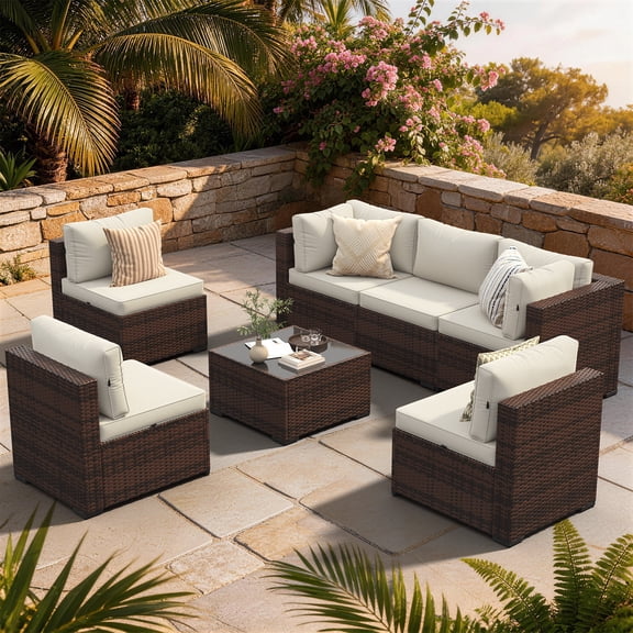 Clouddwell 7 Piece Outdoor Patio Furniture Set, Wicker Rattan Patio Sectional Sofa Sets, Beige