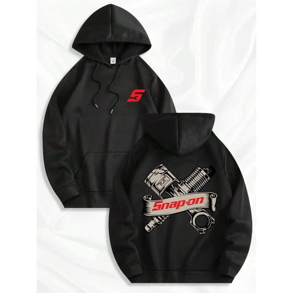 Black Mens Snap-on Graphic Print Fleece Hoodie - Street Style Retro