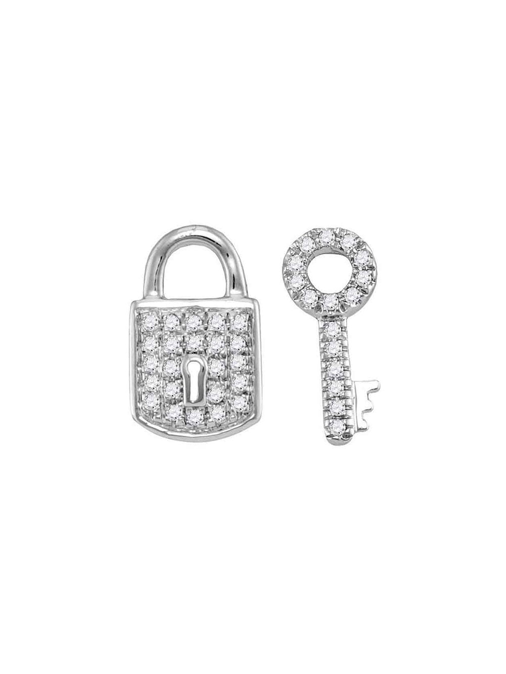 Solid 10k White Gold Round Diamond Lock & Key Earrings 1/10 Ct