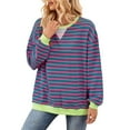 thumbnail image 3 of Women Striped Sweatshirts Oversized Crewneck Long Sleeve Shirts Y2K Pullover Top Fall Outfits Pink Green XL, 3 of 10