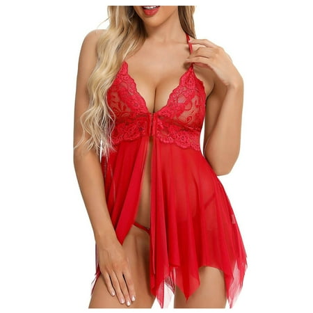 

QWERTYU Women s Deep V Neck See Through Lingerie Sexy Lace Babydoll Teddy Nightgown Chemise Red 3XL
