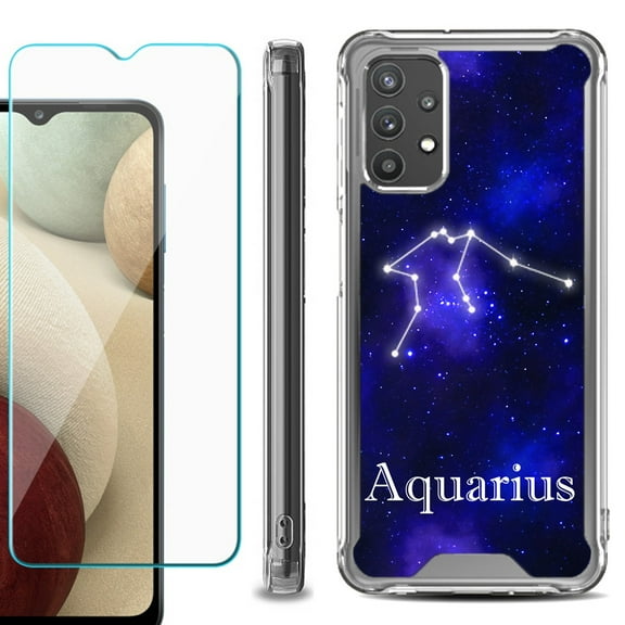 Shockproof Bumper Phone Case for Samsung Galaxy A32 5G, with Tempered Glass Screen Protector, by OneToughShield ® - Zodiac / Aquarius