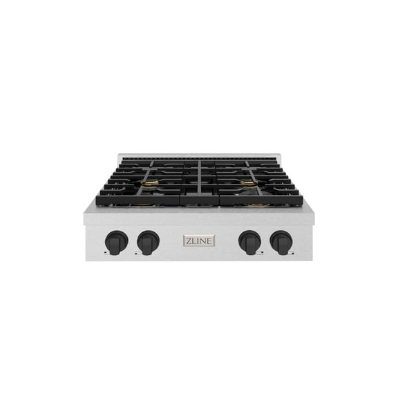 ZLINE Autograph 30" Paramount Gas Rangetop with 4 Burners and Porcelain Cooktop in DuraSnowÂ® Stainless Steel with Matte Black Accents, SRTSZ-30-MB