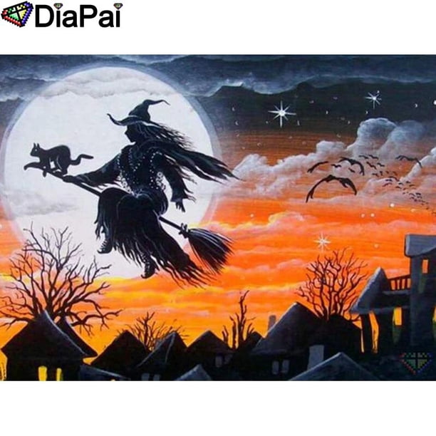 DIAPAI-pintura de diamante 5D DIY, pintura de diamante 100% completa cuadrada/redonda, "bruja gato Luna", bordado de diamantes, punto de cruz, decoración 3D, A21688