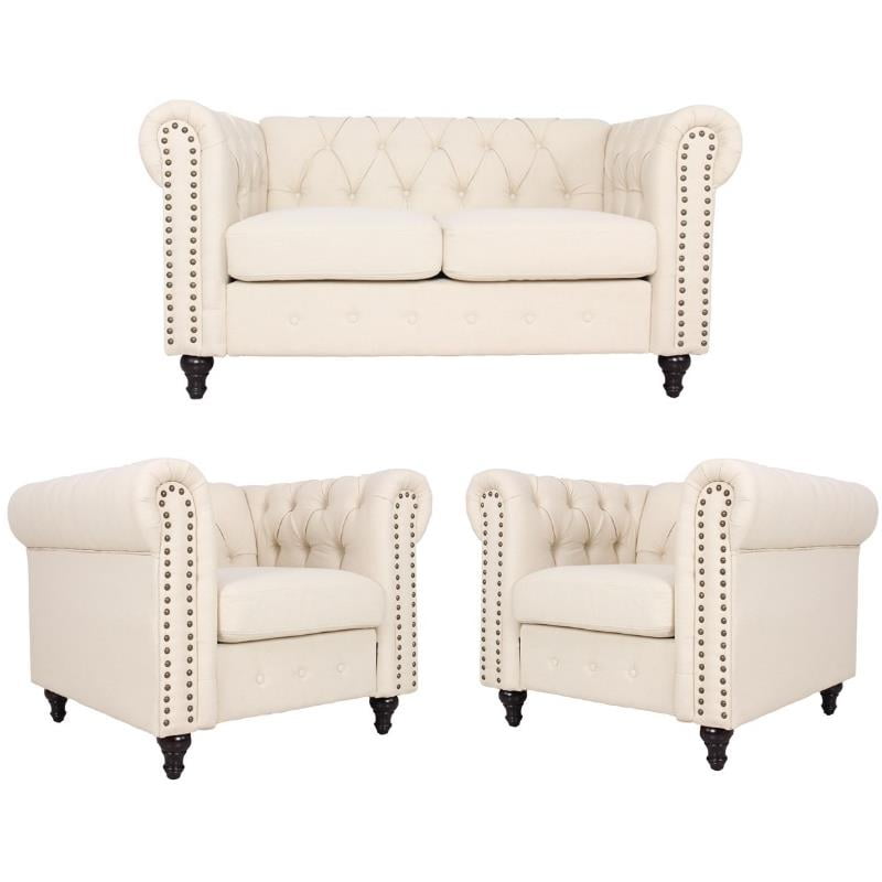Home Square 3 Piece Living Room Set with Loveseat and Two Accent Chairs in Cream