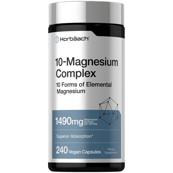 Magnesium Complex | 1490mg | 240 Capsules | 10 Forms | Vegan, Non-GMO, Gluten Free | by Horbaach