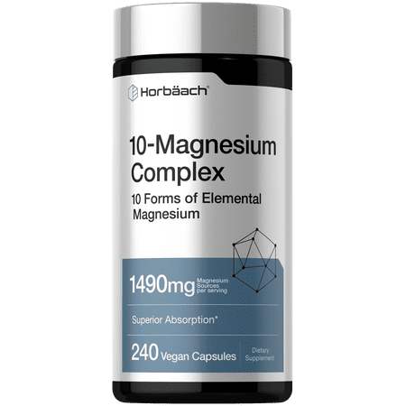 Magnesium Complex | 1490mg | 240 Capsules | 10 Forms | Vegan, Non-GMO, Gluten Free | by Horbaach