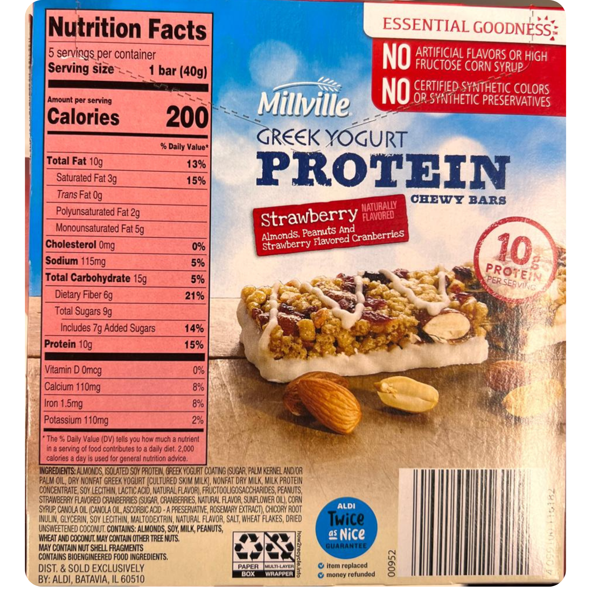 Chewy Protein Granola Bars – Strawberry-flavored cranberries, Greek Yogurt, Almond,  Peanut, 10g Protein, 4 Pack (20 Bars Total)