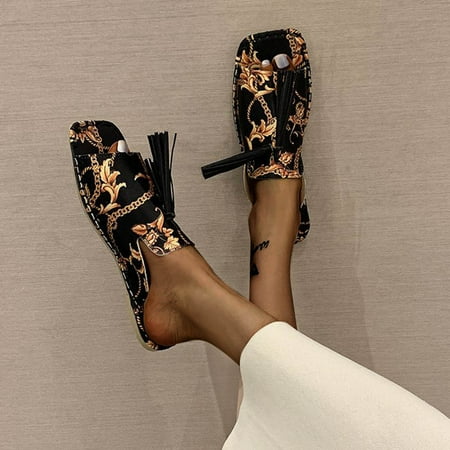 

BRISEZZS Slide Sandals for Women- Floral Open Toe Fringe Fashion Casual New Style Summer Flat Slide Sandals #813 Black-42