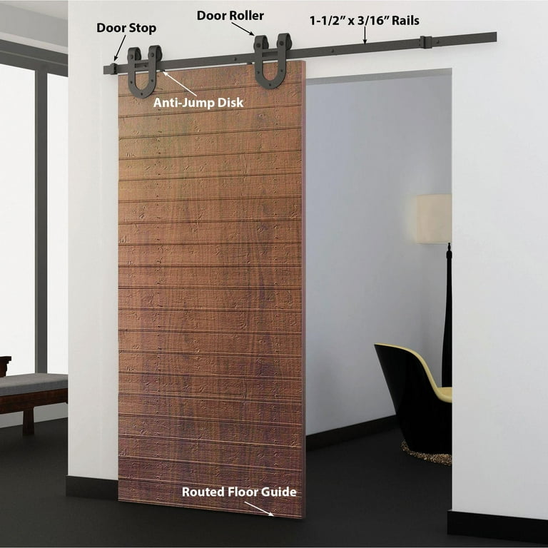 78 in. Black Solid Steel Sliding Rolling Barn Door Hardware Kit for Single Wood Doors with Routed Floor Guide 78 in. Black Solid Steel Sliding Rolling Barn Door Hardware Kit for Single Wood Doors with Routed Floor Guide