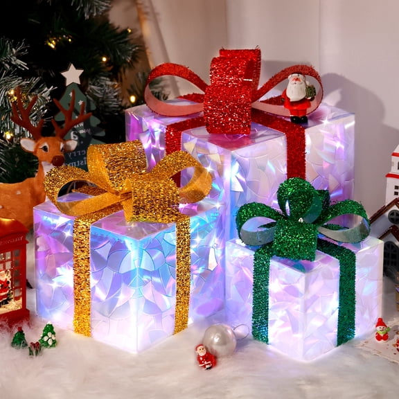 Ayieyill 3 Pcs Christmas Lighted Gift Boxes, Light up Christmas Present Boxes, Christmas Decorations Indoor