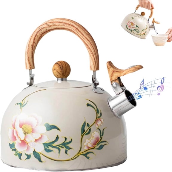 Bxaolu Stainless Steel Whistling Tea Kettle Stovetop - 3.15QT Tea Pot for Stove Top, Vintage Floral Print, Foldable Handle, 304 Stainless Steel Interior Teatop for Tea, Coffee, Party & Gift, 3L