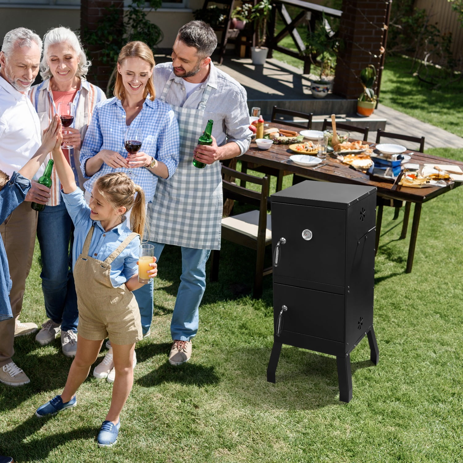 Kingchii Vertical Charcoal Smoker BBQ Grill with Built in Thermometer Portable Smoker for Backyard Camping Barbecue and Outdoor Grilling