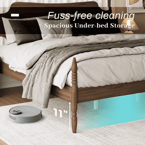 King Size Platform Bed Frame, Spindle Bed with Curved Tall Headboard, No Box Spring Needed, Retro Four Poster Bed, Walnut