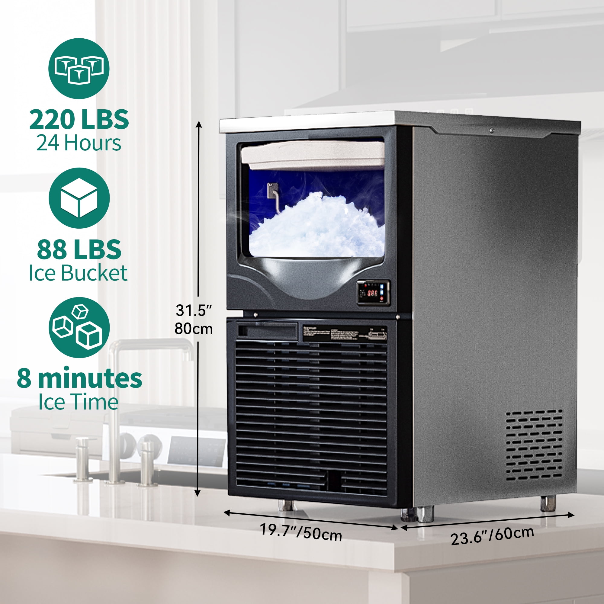 Dextrus Commercial Snowflake Ice Maker 220LBS/24H with 88LBS Storage, Food Grade Stainless Steel Automatic Freestanding Ice Maker Machine with Stainless Steel Scoop