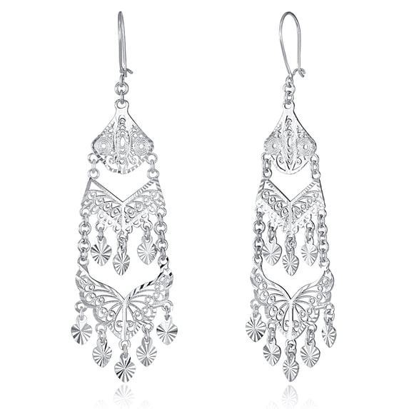 Wellingsale Ladies 14k White Gold Polished Diamond Cut Fancy Chandelier Dangle Hanging Drop Earrings (19 X 60mm)