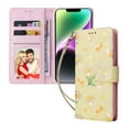 thumbnail image 1 of Compatible avec iPhone 14 Étui Rétro Fleur Dorée en Cuir PU Blocage RFID Portefeuille, 1 of 5