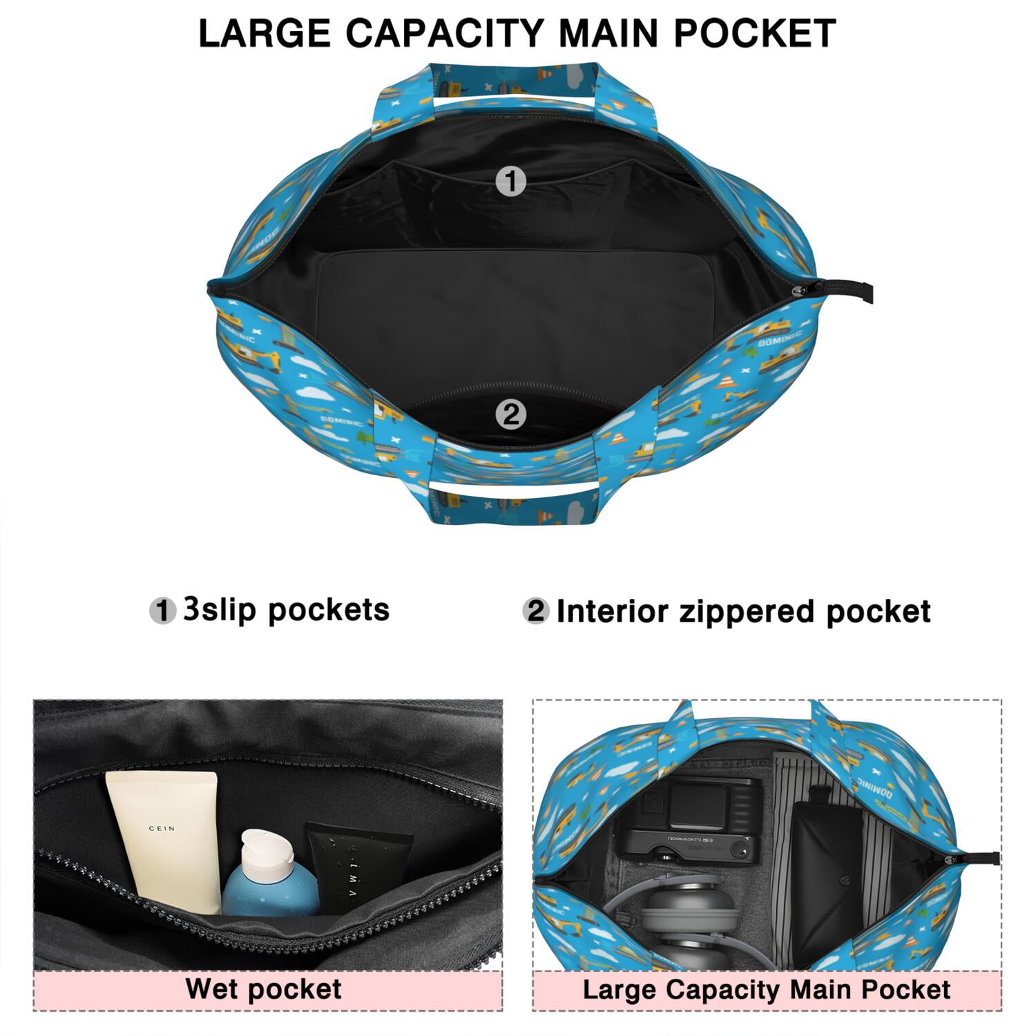Cartoon Construction Vehicles Cranes Travel Tote Bags for Women Carry On,Large Weekender Bags for Women Travel,Multi Functional Duffle Bag for Work,Shopping,Sports