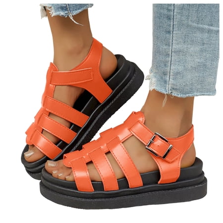 Women's Leather Platform Gladiator Sandals Open Toe Adjustable Buckle Strap Summer Breathable Beach Sandals
