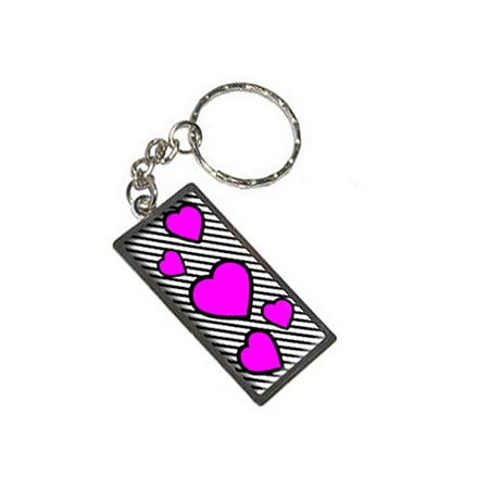 Black Metal Keychain - Love Cute Hearts Pink Black Stripes Metal Rectangle Keychain