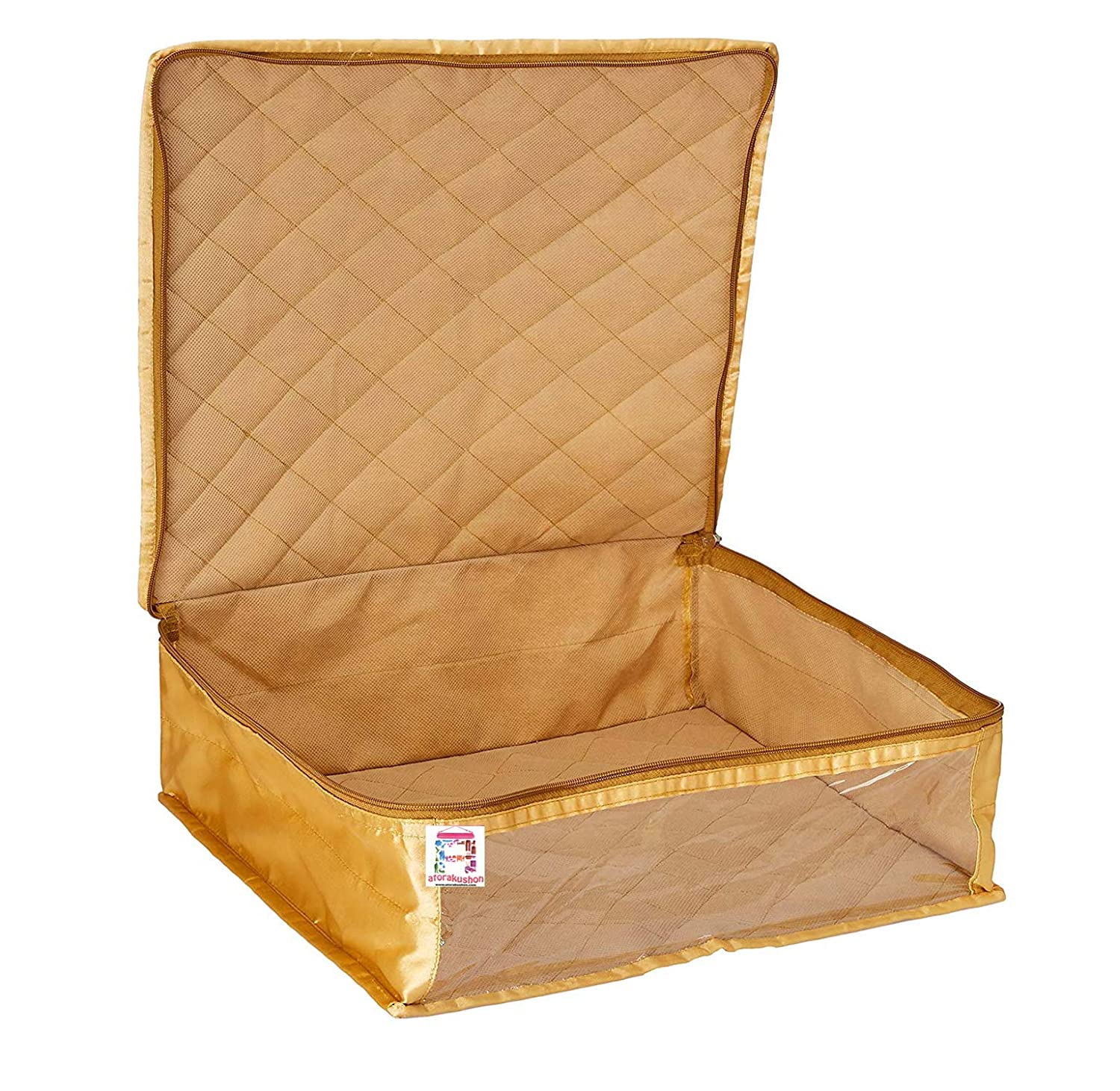 atorakushon Fabric Satin Foldable Saree Covers Cloth Garments Storage Bag Wardrobe Organizers with Strong Zippers & Transparent Window Pack of 6 Gold