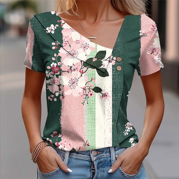 Horkkom Dress Shirts for Women Spring Summer V Neck Short Sleeve Blouses Floral Print Dressy Business Casual Tops M