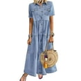 thumbnail image 2 of Limei Women's Retro Short Sleeve Blouse Dress Denim Shirt Dresses Button Down Chambray Polyester Tops with Pockets, 2 of 6
