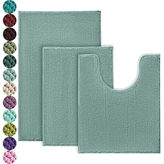 Bathroom Rugs Sets 3 Piece, Non-Slip Chenille Bath Rug - Ultra Soft, Washable, Super Absorbent Bath Mat for Bathroom, Toilet and Tub (Aqua Sea)