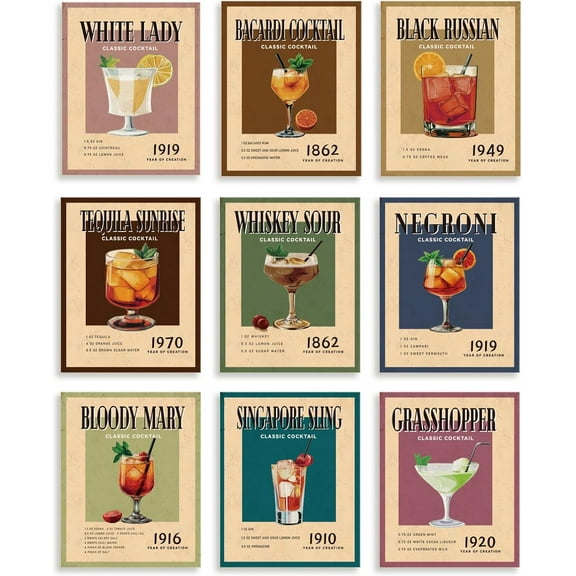 9 Pack Unframed Waterproof Cocktail Canvas Wall Art Decors 8 x 10 Inch Bar Canvas Artwork Wall Posters for Home Kitchen Office Dinning Room Bar Decor Gift Colorful