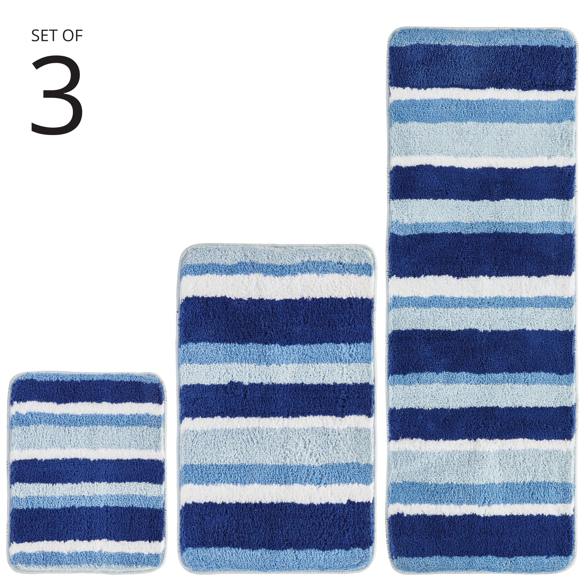mDesign Striped Microfiber Bathroom Spa Mat Rugs/Runner, Set of 3 - Blue