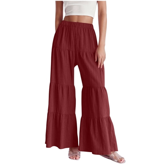 Lenpel Women's Wide Leg Pants Flowy Boho Elastic High Waist Pleated Ruffle Tiered Palazzo Pants Casual Loose Trousers