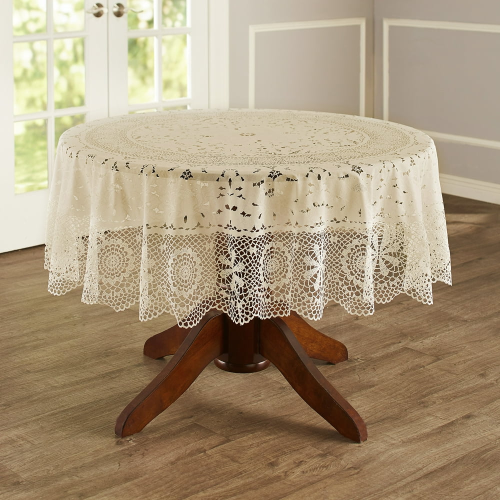 Vinyl Lace Tablecloth with Elegant, Vintage Floral Design 70" Round