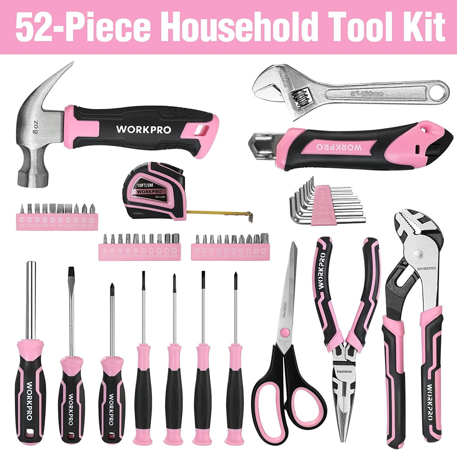 WORKPRO 52-Piece Pink Tools Set, Household Lady Tool Kit with Storage Toolbox, Basic Tool Set for Home, Garage, Apartment, Dorm, New House, Back to School, and as a Gift