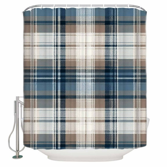 Blue Brown Plaid Bathroom Shower Curtains with 12 Hooks Polyester Waterproof Shower Curtain for Stalls and Bathtubs Vintage Abstract Stripes Lattice Decorative Bathroom Privacy Curtain 36x72 Inches