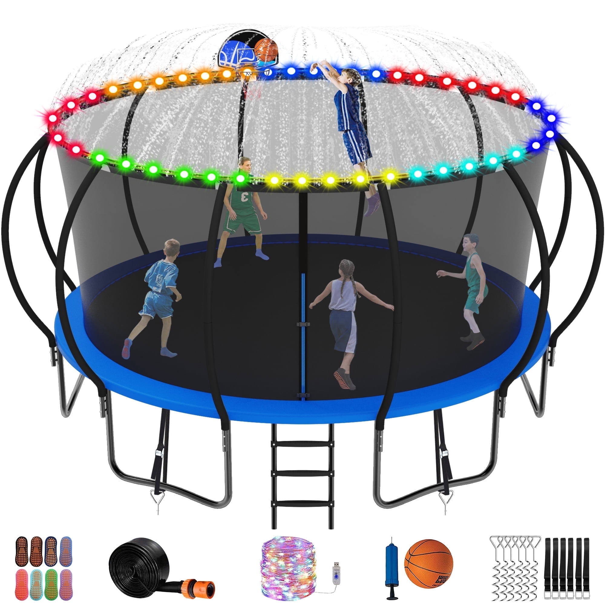Jump Into Fun Trampoline 16FT, 1500LBS Trampoline for Kids and Adults with Enclosure, Basketball Hoop, Wind Stakes, LED light, Sprinkler and Socks, Outdoor Galvanized Full Spray Round Trampoline