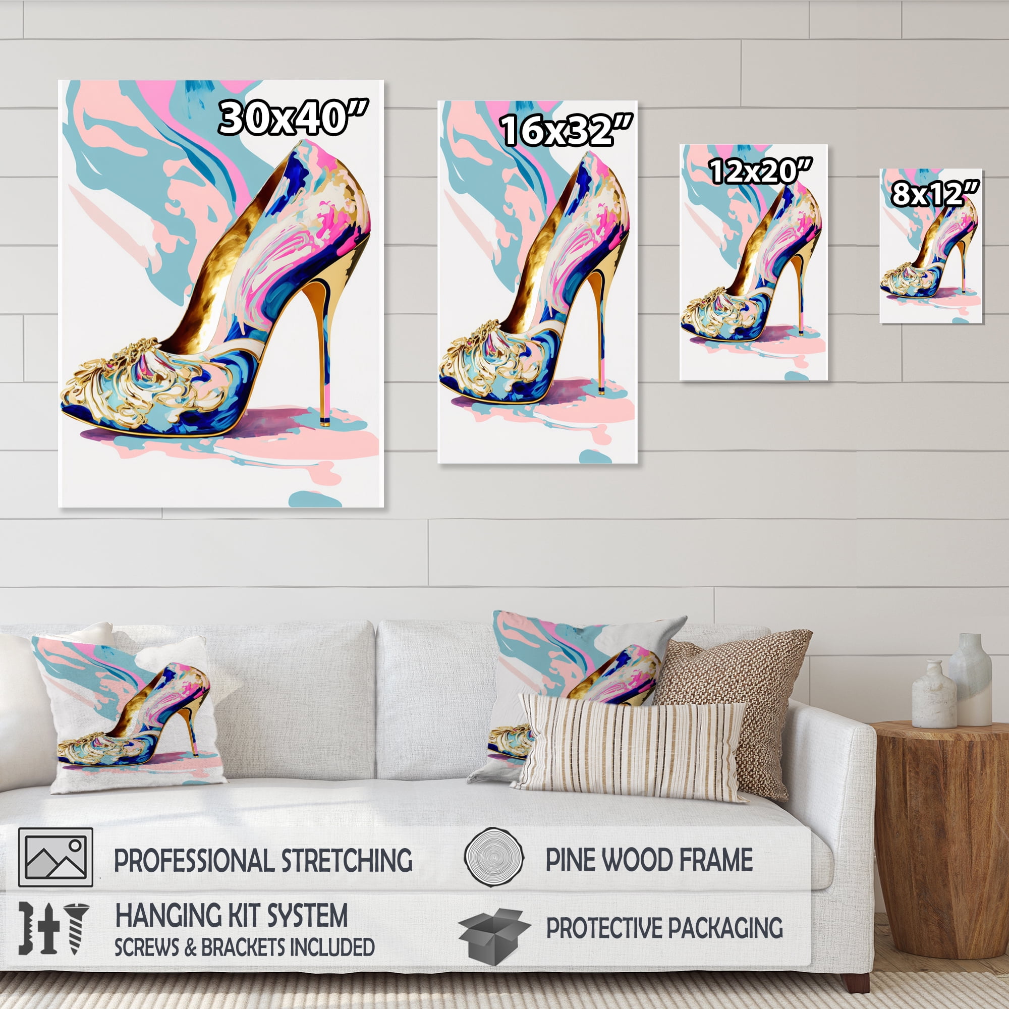 Designart Pink And Blue Art Deco High Heel Shoes II Canvas Wall Art