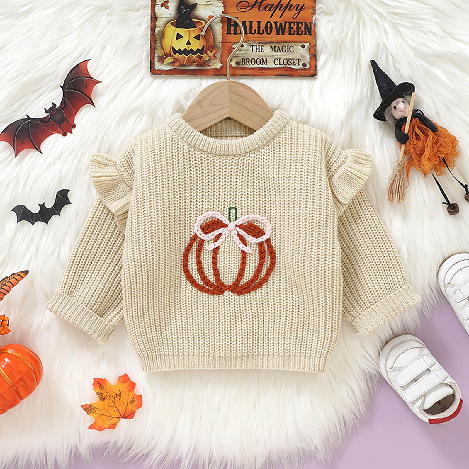 mgoYE Toddler Baby Girl Halloween Outfit Pumpkin Sweater Embroidery Knit Pullover Sweatshirt Fall Winter Clothes Size 2-3 Years