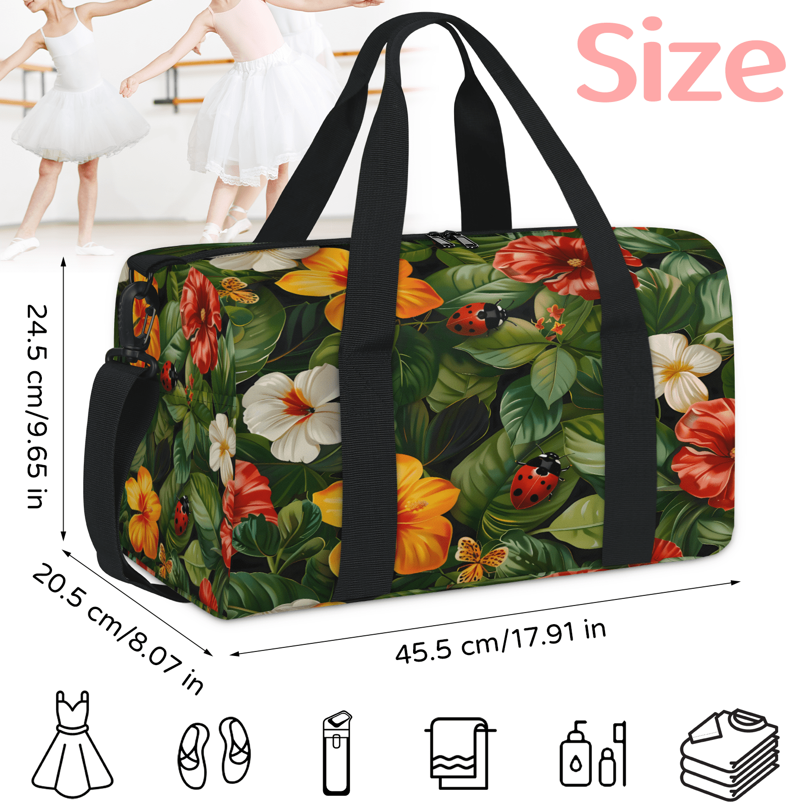 Herdesigns Ladybugs Tropical Floral Leaf Gym Bag for Women, Duffle Bag for Travel Sport, Lightweight Waterproof Carry on Weekender Overnight Dance Yoga Workout Bags