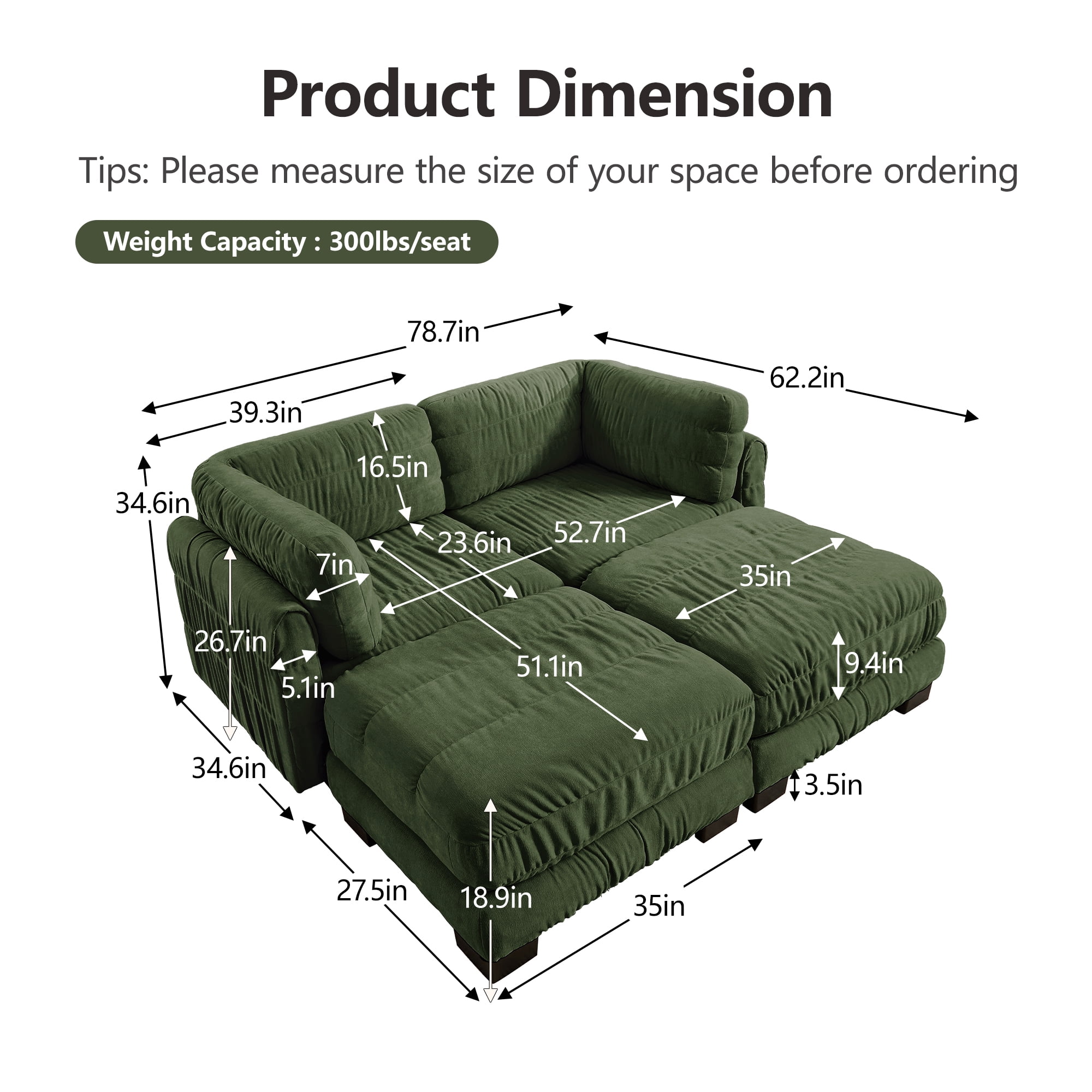 78" 2 Seat Chenille Modular Sectional Sofa with 2 Movable Ottoman and L Shape Back Cushions,Easy Assembly