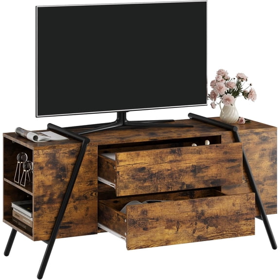 TV Stand for 60 55 50 45 Inch TV, 47" Mid Century Modern Entertainment Center with 2 Storage Drawers & Side Open Shelves, Media Console Table for Living Room, Bedroom, Rustic Brown